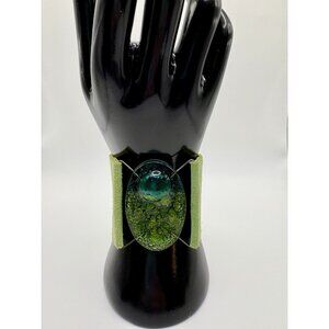 Green Blue Fused Oval Glass Wide Suede Cuff Bracelet